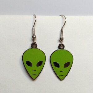 Vintage Alien Head UFO Area 51 Green Enamel Metal Dangle Hook Earrings Alberts